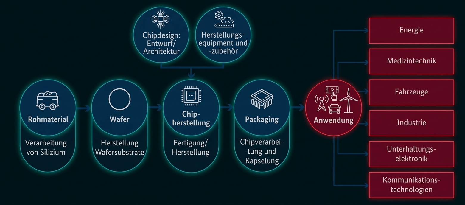 Infografik: Chip-Herstellungsprozess von Rohmaterial über Wafer, Fertigung und Packaging bis zu Anwendungen wie Energie, Medizintechnik, Fahrzeuge.